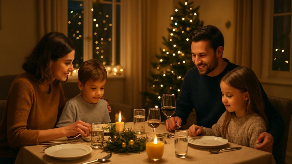 Famiglia con bambini in ambiente accogliente per Capodanno