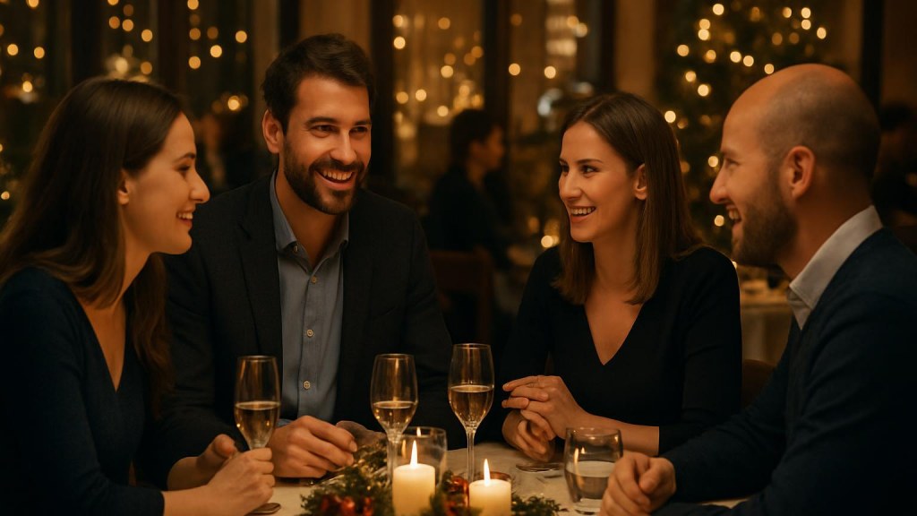 Gruppo di adulti in contesto conviviale per Capodanno