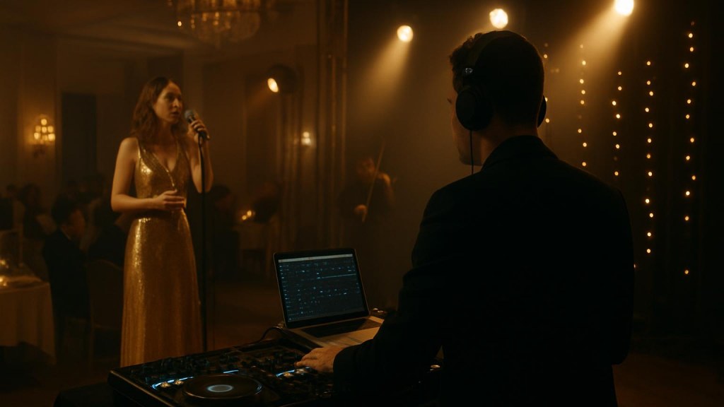 DJ o cantante in una sala eventi per Capodanno